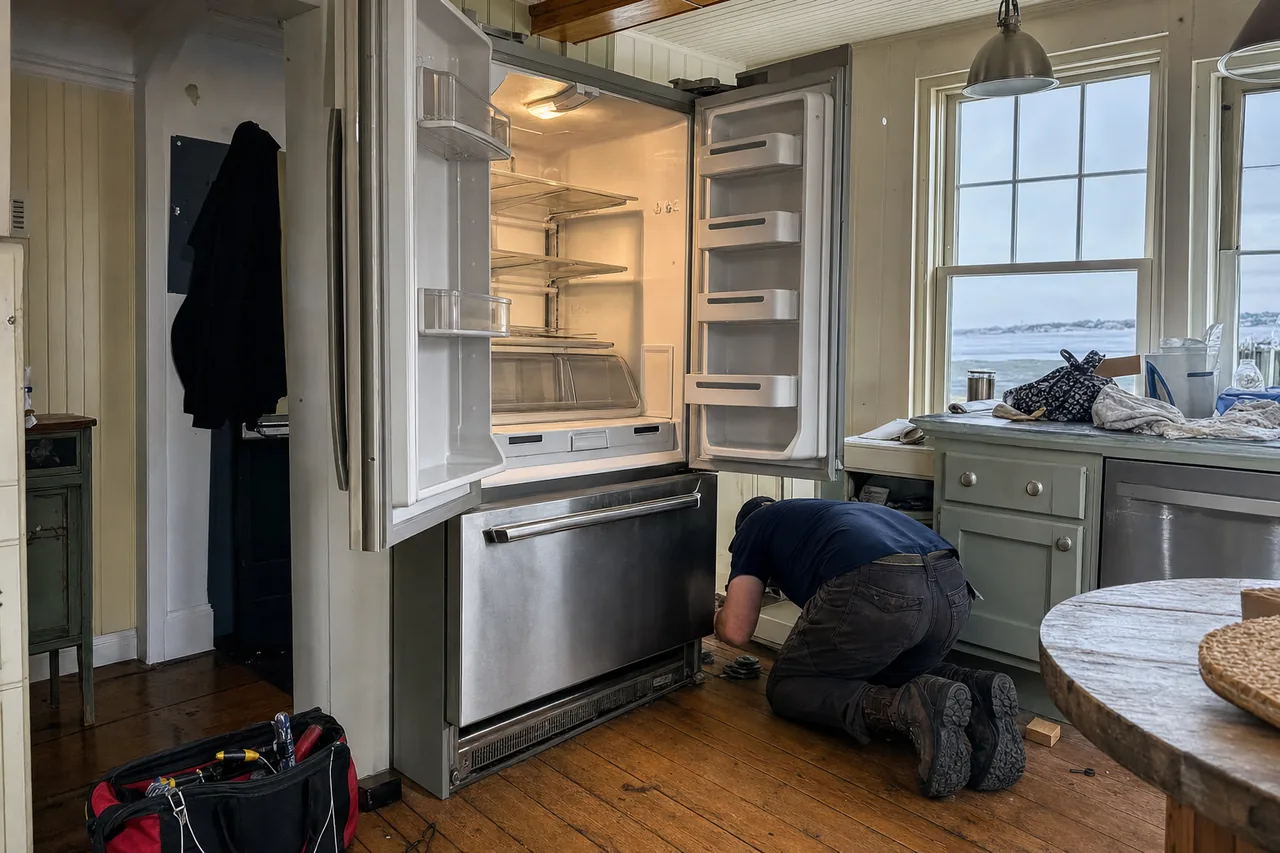 Mirrored view of an open refrigerator and a service bag on a wooden kitchen floor beside a window onto the water