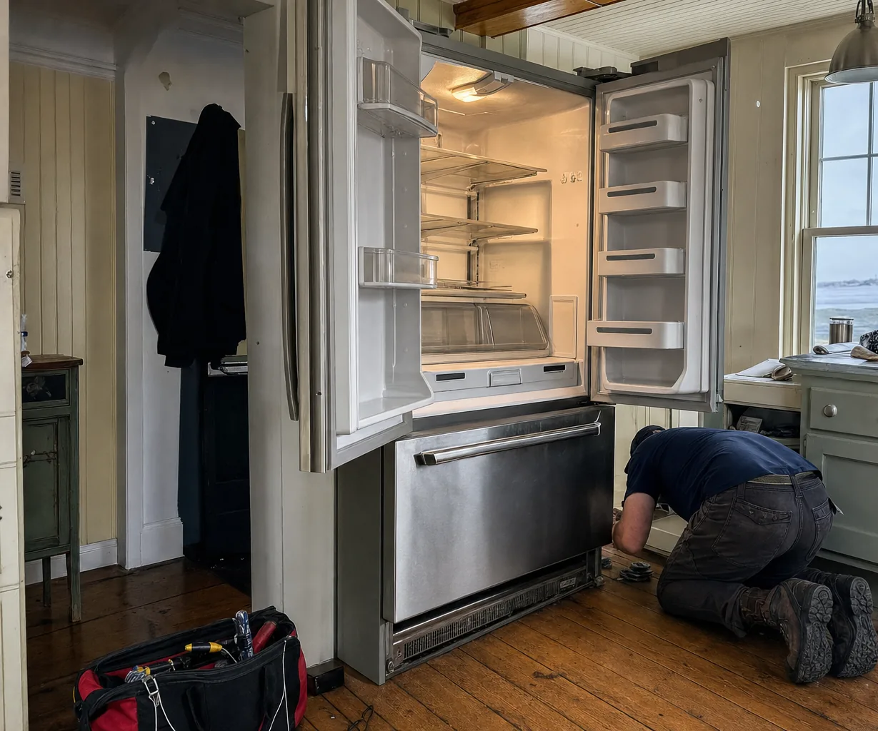Right-hand crop of a kitchen service call, tool bag open on the boards and cabinet doors standing wide