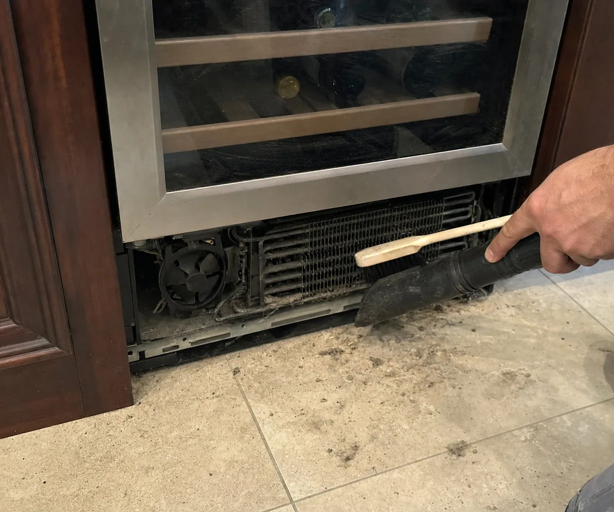 Service crevice tool working under the machine compartment of a stainless cabinet, wiring visible above the fan