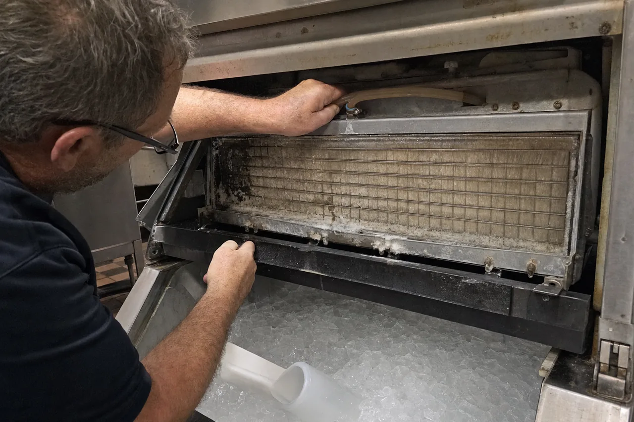 Technician lifting the scaled evaporator grid out of a stainless ice machine, drain line hanging below