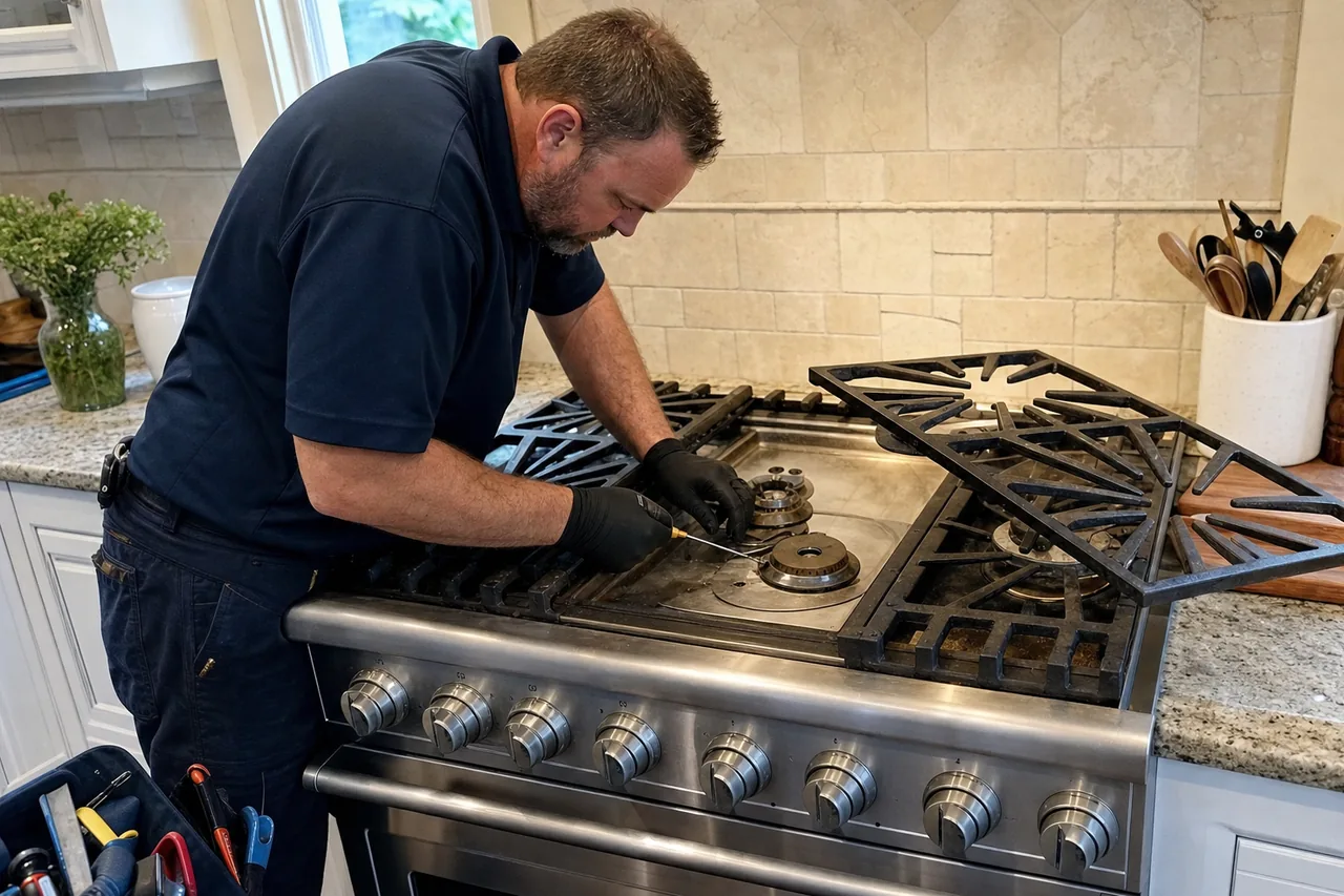 Technician in gloves working on the burner assembly of a stainless professional gas range, cast grates lifted onto the granite beside him