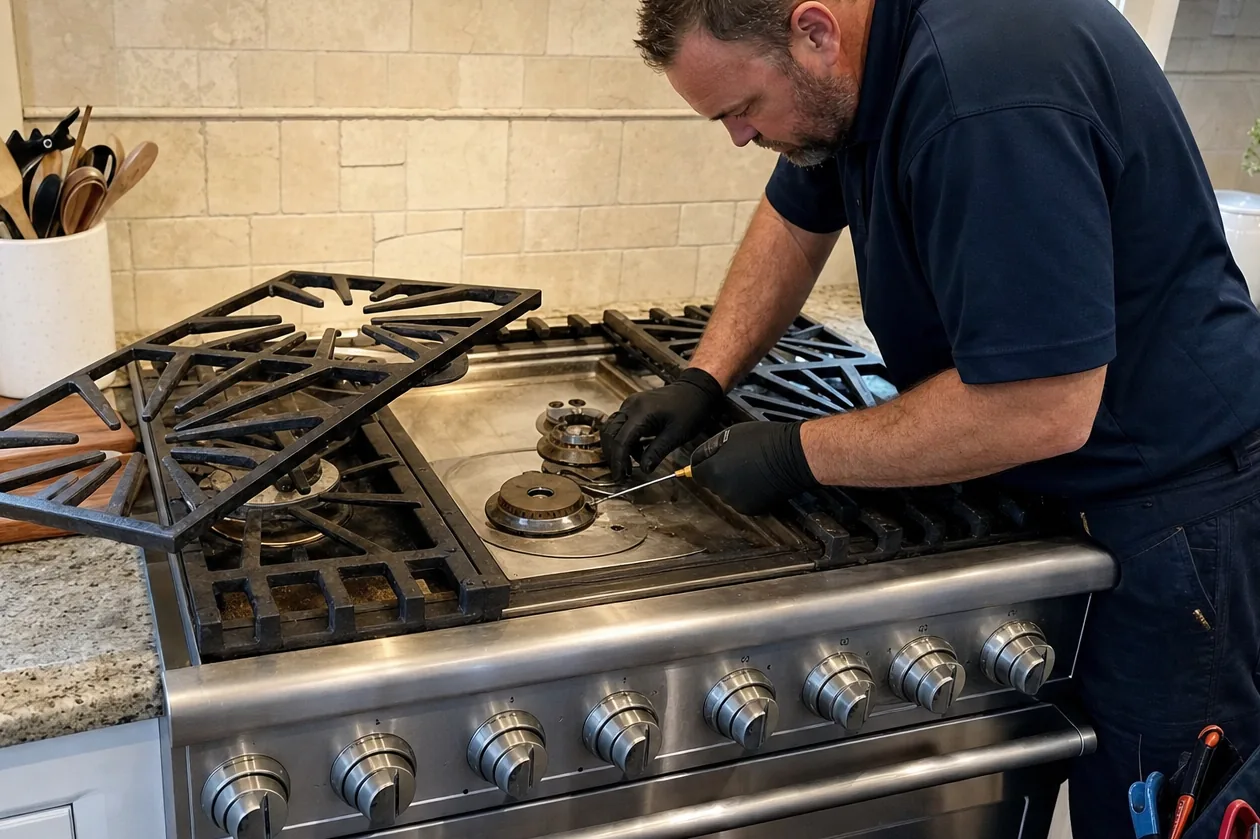 Wide frame of a stainless professional range with one burner dismantled and a tool roll open on the floor